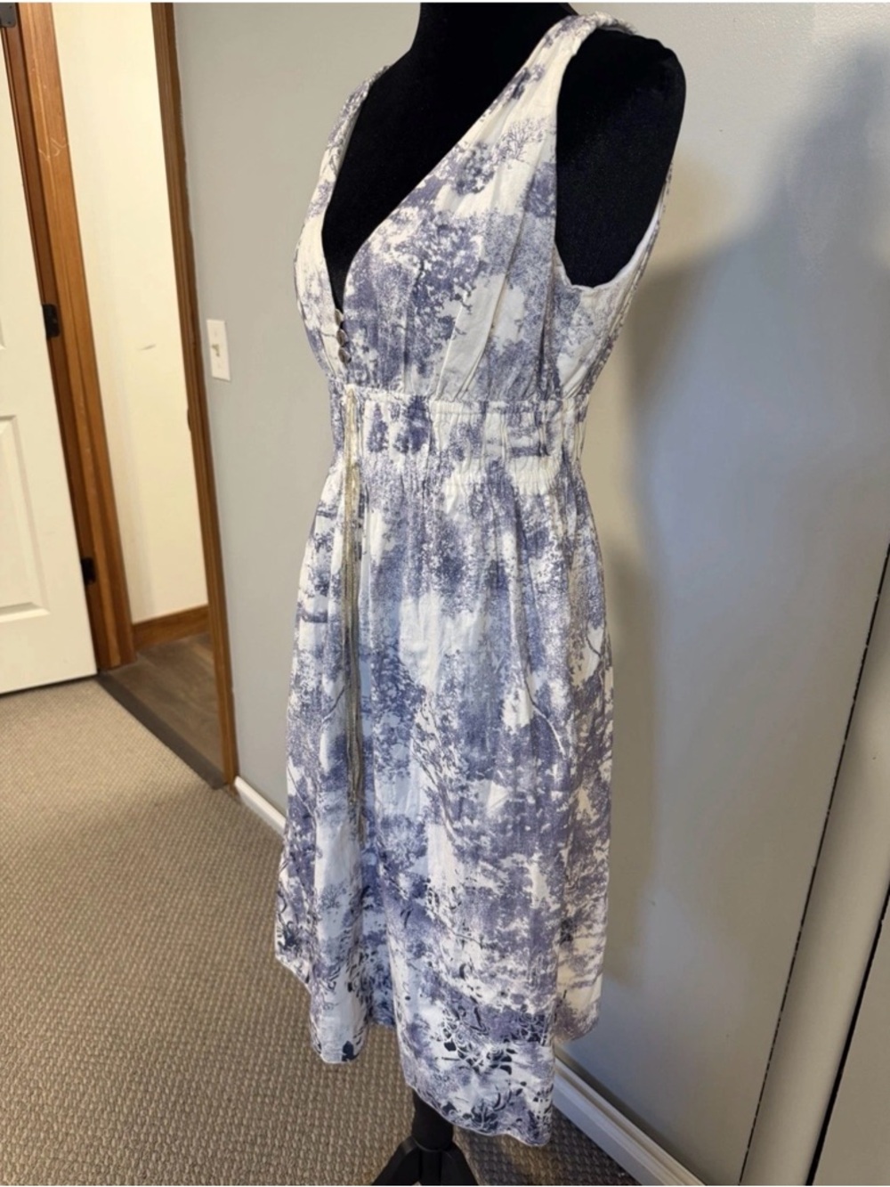 Sisley Italy Blue White Print Midi Dress Boho Sleeveless Size Medium NWT